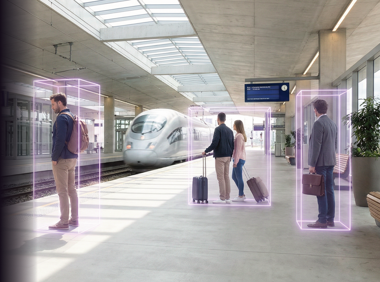Public transit station with AURA spatial intelligence overlays