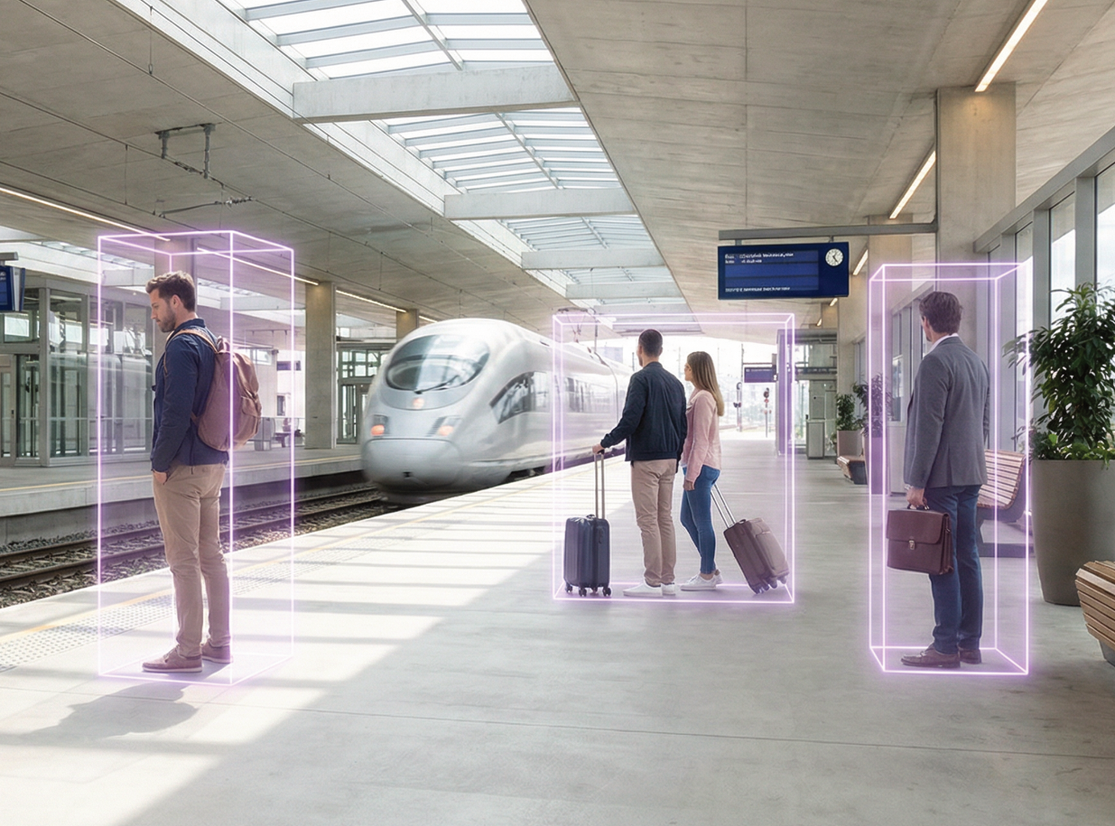 Public transit station with AURA spatial intelligence overlays